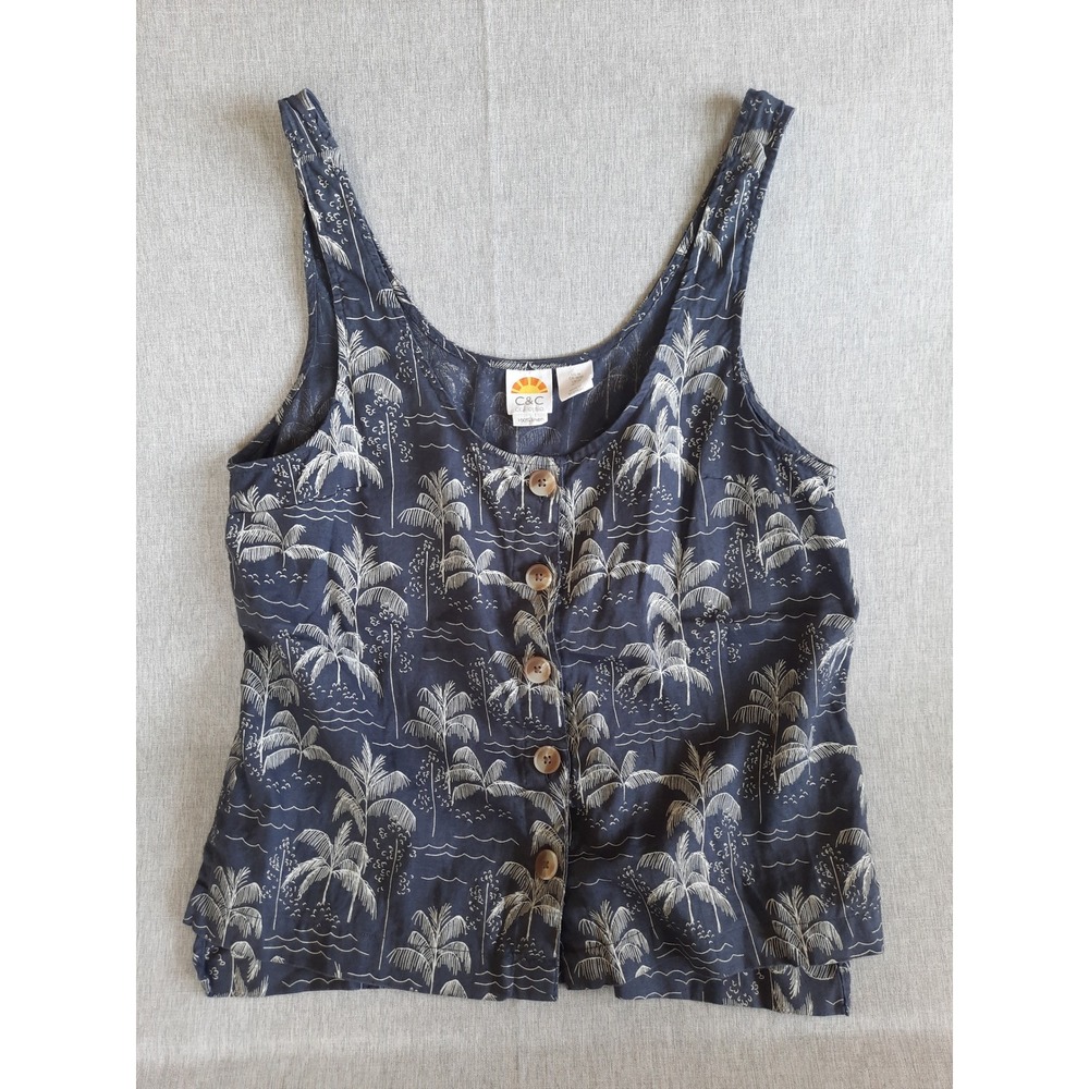 C&C California Women Medium Tropical Beach Button Tank Top Blouse Linen Navy Blu